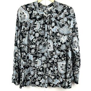 C&C California Women's Top 1X Black Blue White Floral Blouse Shirt Mock Neck L/S